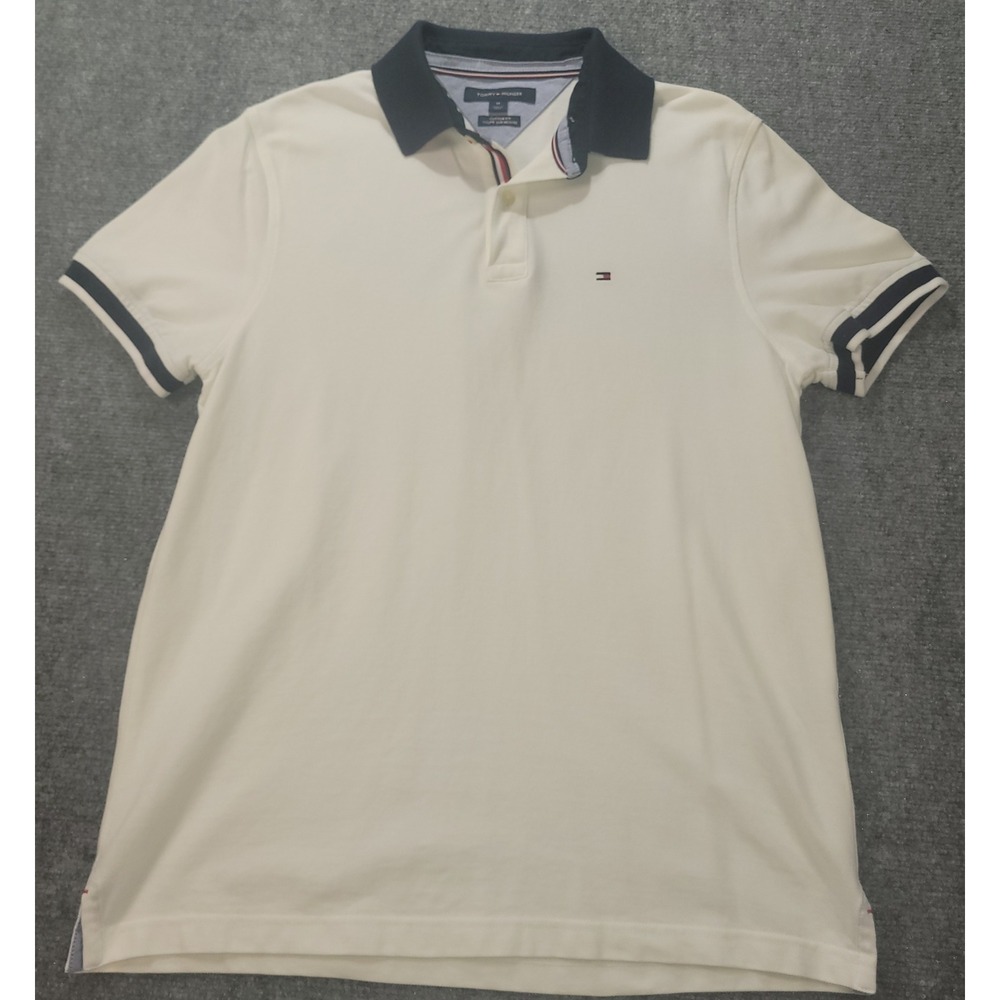 Tommy Hilfiger Mens Custom Fit Polo Shirt Cream White Navy Blue Size M